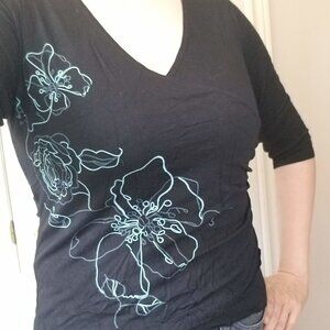 Smart Set Black Floral Wrap Blouse, V-Neck, 3/4 Sleeve